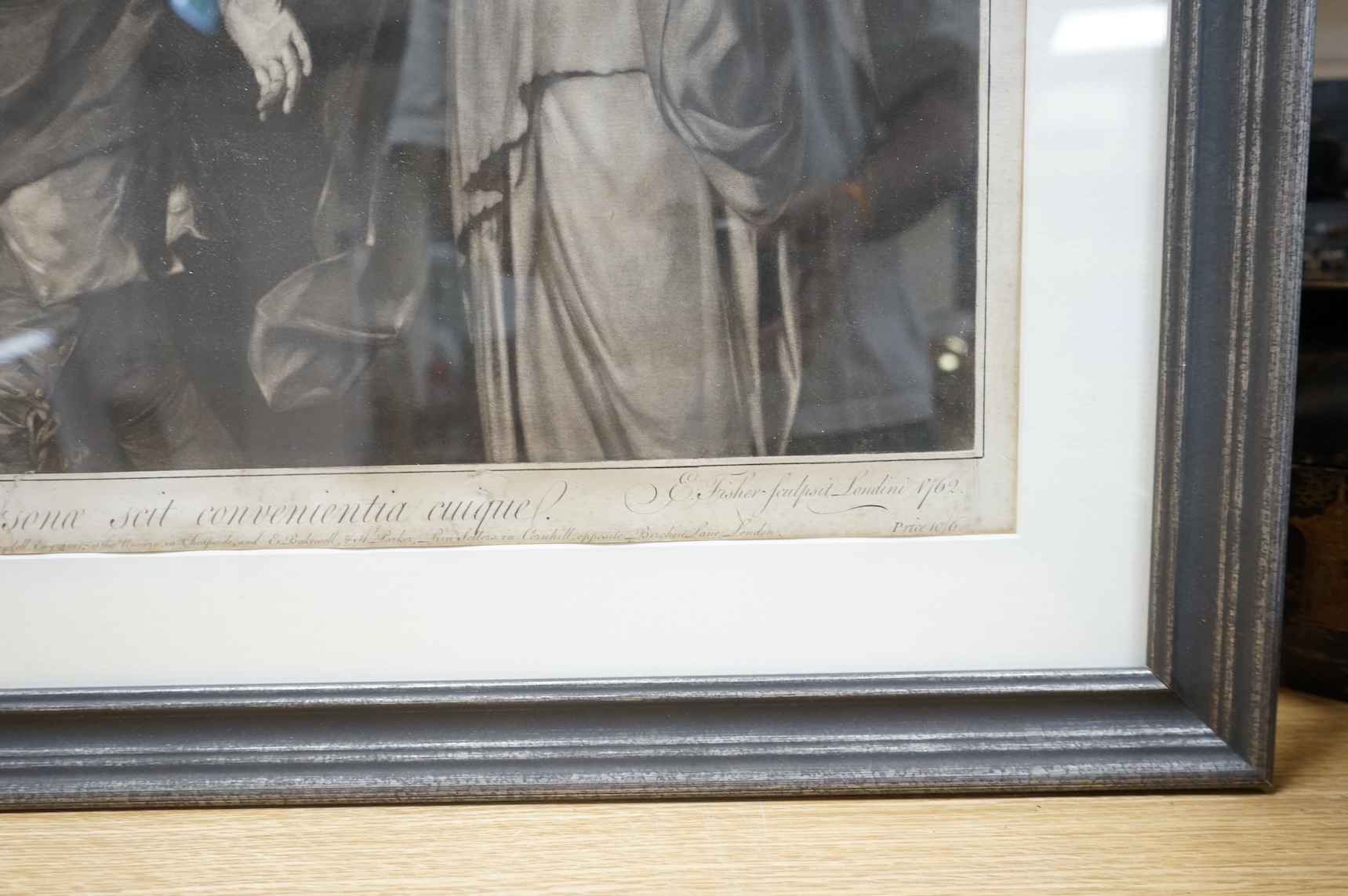 After Sir Joshua Reynolds (1723-1792), 'David Garrick between tragedy and comedy', sold by Edward Fisher, John Boydell and E Bakewell, 1762, mezzotint, 45 x 53cm